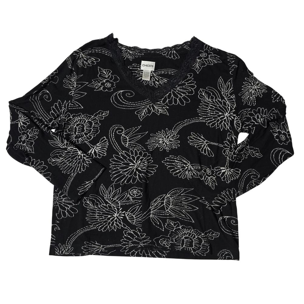 Chico's Top 2 Women's L Black White Floral Stretch Lace-Trim V-Neck Shirt